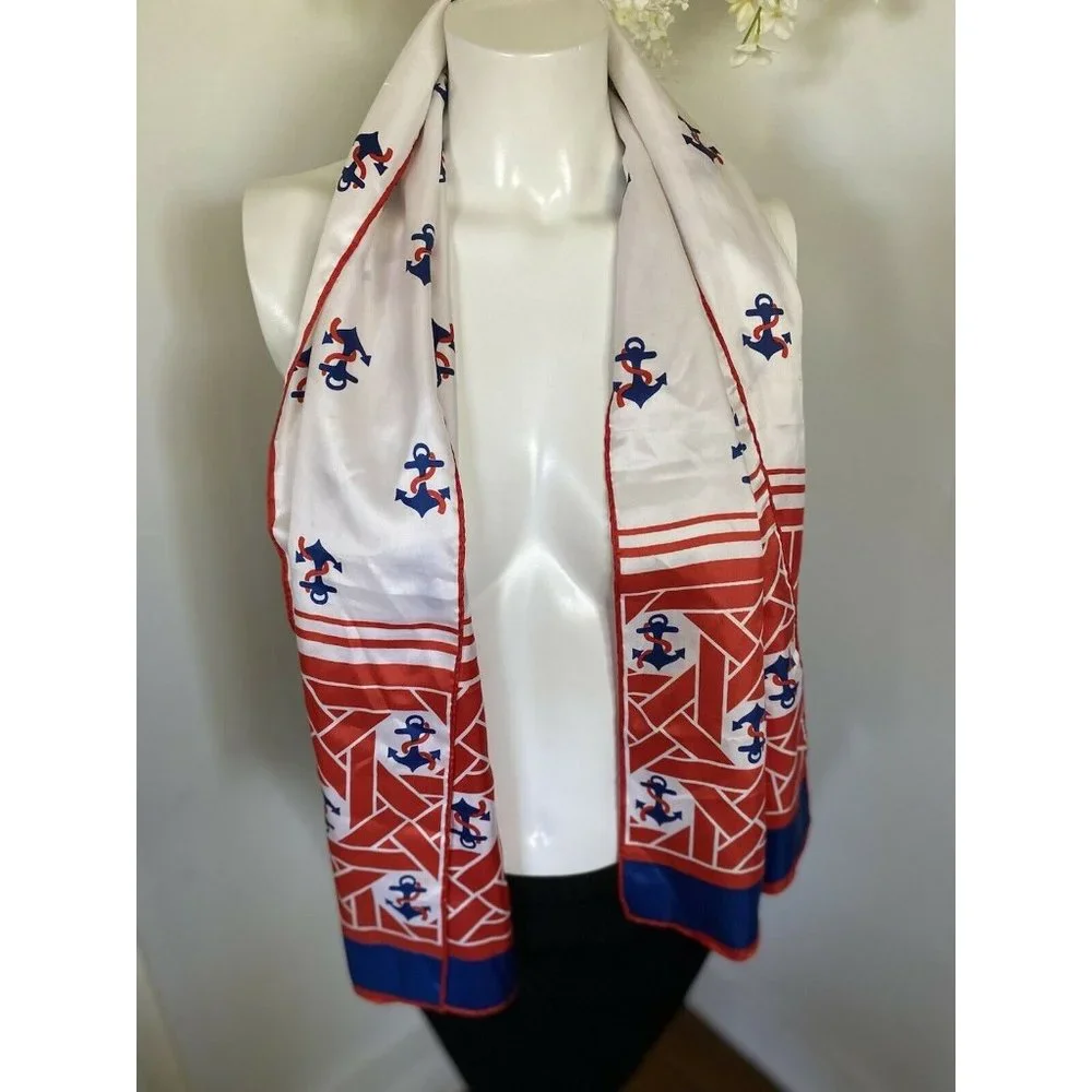 Vintage Nautical Americana Red White‎ Blue Scarf Anchors Silky Fabric 52